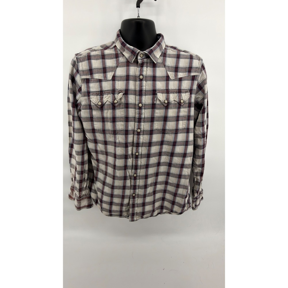 Levi's Western Shirt Mens Slim Fit Plaid Long Sleeve Pearl Snap Button Gray Red